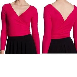 Topshop Wrap Bodysuit Red Stretch Long Sleeves Size 2